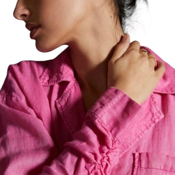 Maeve Anthropologie Linen Pink Ruched Sleeve Button Down Shirt S - Picture 3 of 8